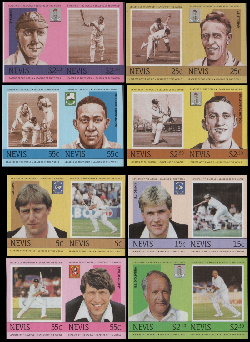 Nevis 1984 Leaders of the World Cricket Players Imperforate Stamp Forgery Set