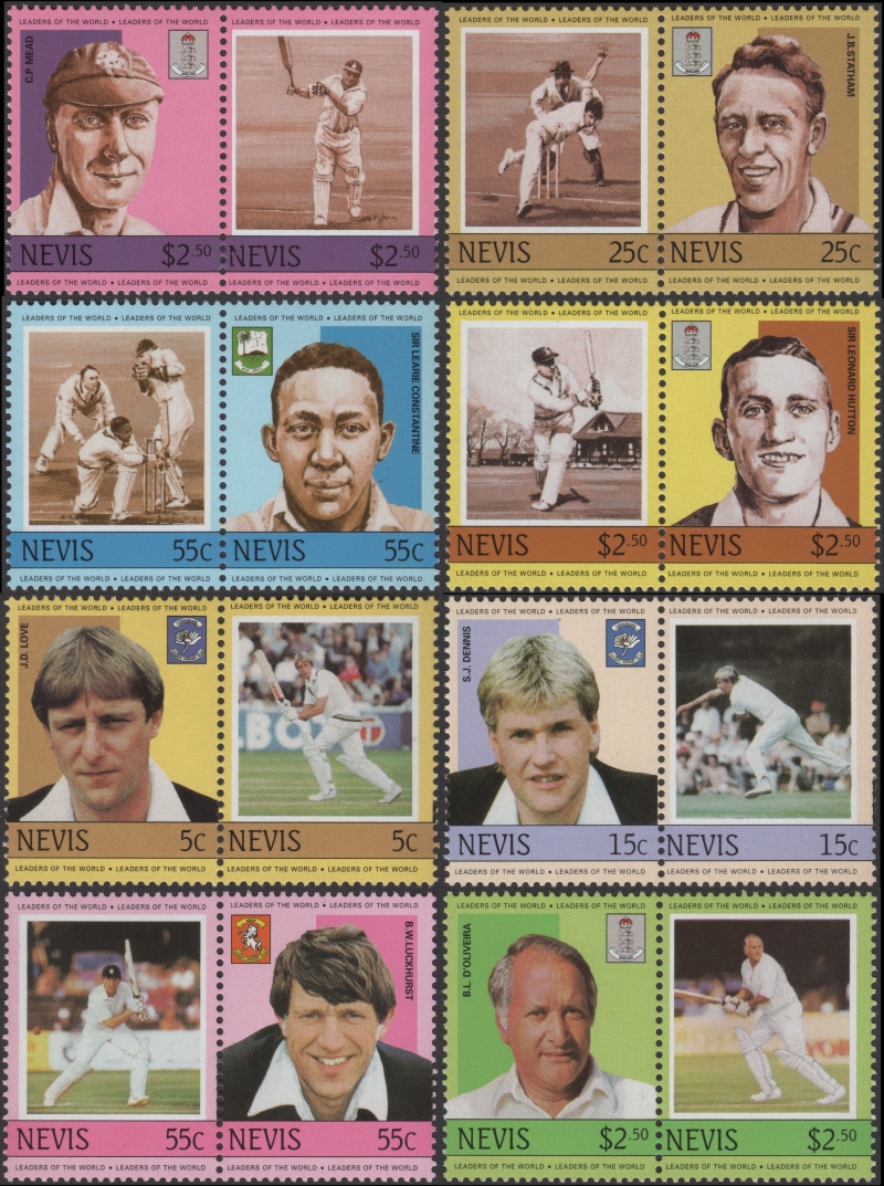Nevis 1984 Leaders of the World Cricket Players Stamp Forgery Set