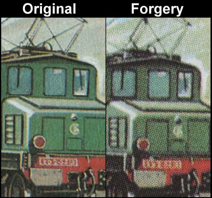 Nevis 1984 Locomotives 10c Fake with Original Screen and Color Comparison of the Front of the Class 5500 Engine
