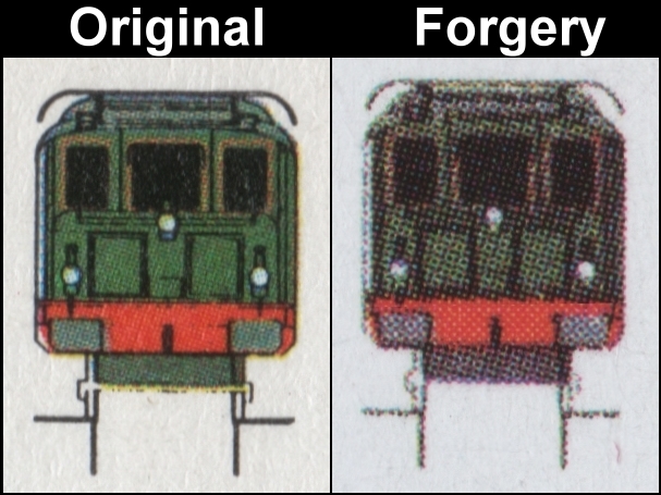 Nevis 1984 Locomotives 10c Fake with Original Comparison of the Front of the Engine on the Detail Drawing
