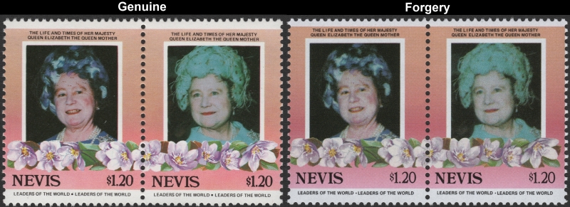 Nevis 1985 Leaders of the World Queen Elizabeth 85th Birthday $1.20 Forgery Stamp Pair with Genuine Stamp Pair Comparison