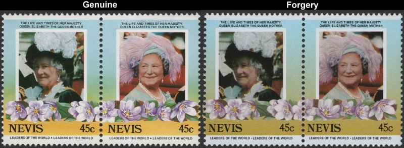 Nevis 1985 Leaders of the World Queen Elizabeth 85th Birthday 45c Forgery Stamp Pair with Genuine Stamp Pair Comparison
