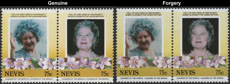 Nevis 1985 Leaders of the World Queen Elizabeth 85th Birthday 75c Forgery Stamp Pair with Genuine Stamp Pair Comparison