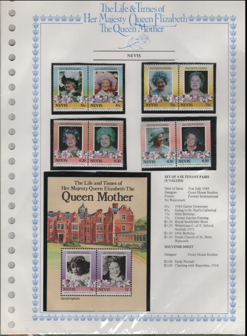 Nevis 1985 Queen Elizabeth 85th Birthday Stamp Set on Special Album Page