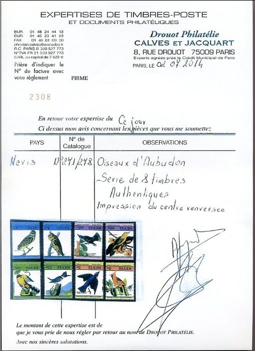 Nevis 1985 Audubon Birds 1st Issue Invert Forgery Set Falsly Expertised by Christian Calves