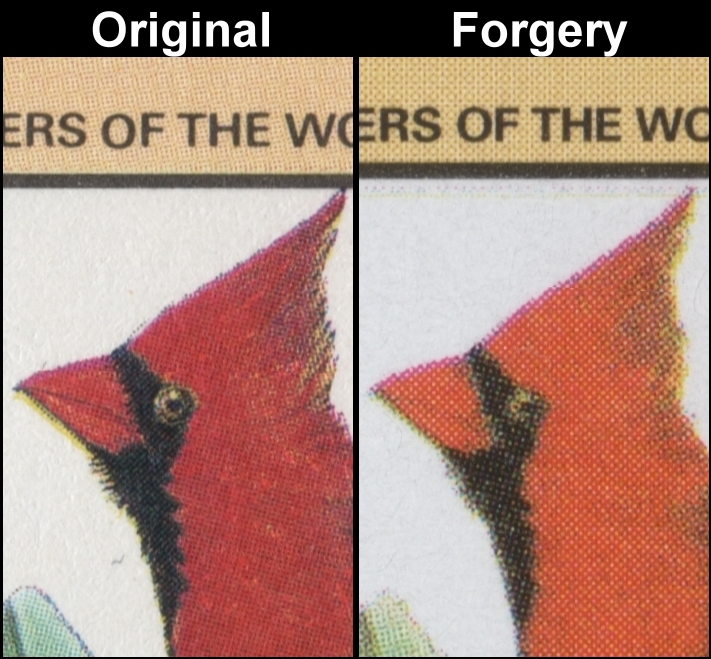 Nevis 1985 Audubon Birds Fake with Original Screen and Color Comparison