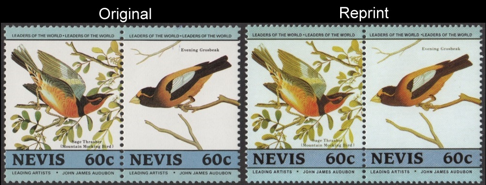 The Unauthorized Reprint Nevis Birds Scott 412 Pair with Original Pair for Comparison
