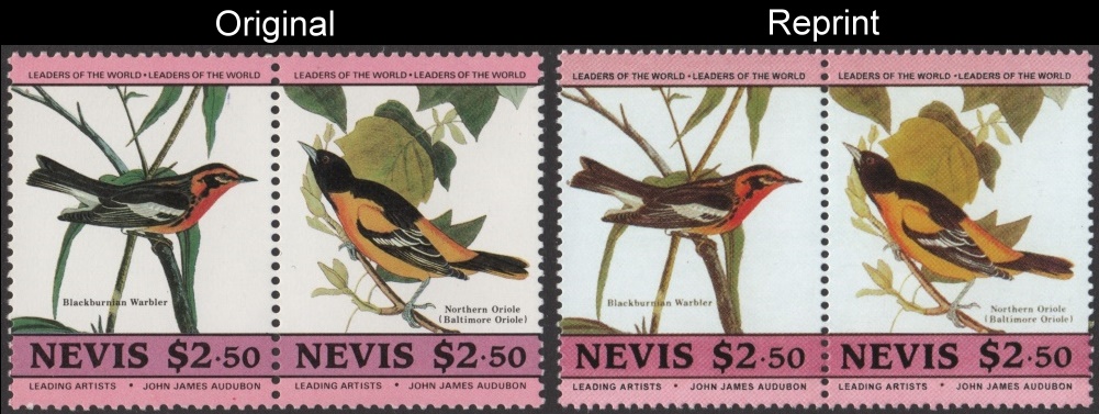 The Forged Unauthorized Reprint Nevis Birds Scott 414 Pair with Original Pair for Comparison