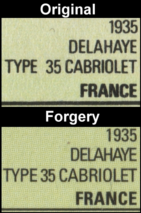 Nevis 1985 Automobiles 1c Fake with Original Comparison of the Fonts