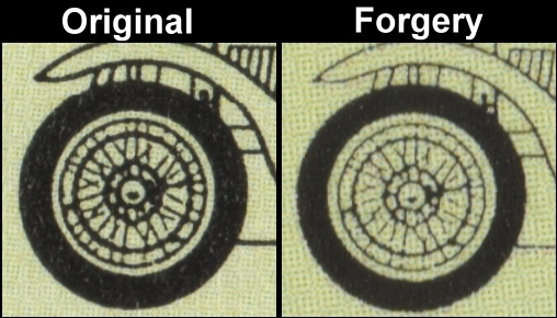 Nevis 1985 Automobiles 1c Fake with Original Comparison of the Wheel on the Detail Drawing