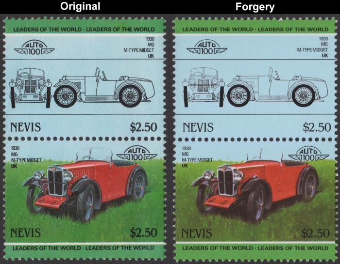Nevis 1985 Automobiles MG Fake with Original $2.50 Stamp Comparison