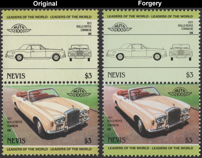 Nevis 1985 Automobiles Rolls-Royce Fake with Original $3 Stamp Comparison