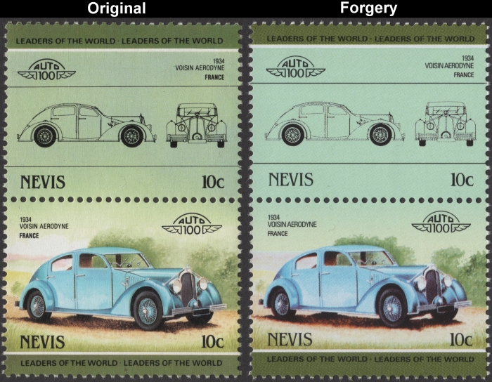 Nevis 1985 Automobiles Voisen Fake with Original 10c Stamp Comparison