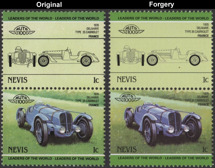 Nevis 1985 Automobiles Cabriolet Fake with Original 1c Stamp Comparison