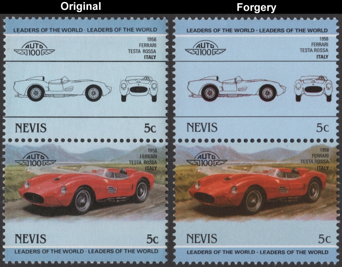 Nevis 1985 Automobiles Ferrari Fake with Original 5c Stamp Comparison