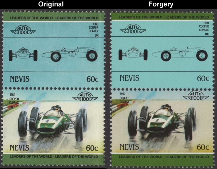 Nevis 1985 Automobiles Cooper Fake with Original 60c Stamp Comparison