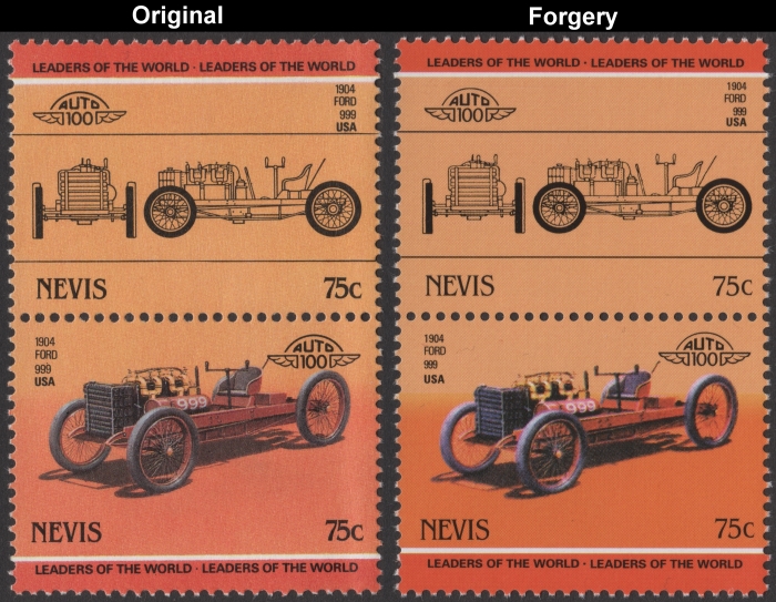 Nevis 1985 Automobiles Ford Fake with Original 75c Stamp Comparison