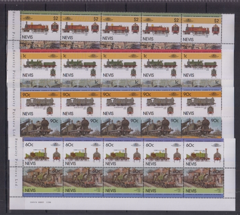 Nevis 1985 Leaders of the World Locomotives 3rd Series Forgery Strips of Five Set
