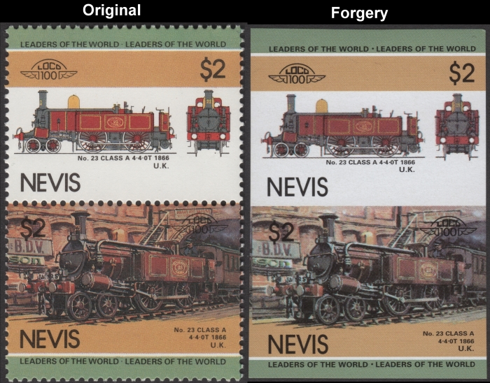 Nevis 1985 Locomotives No. 23 Class A Fake with Original $2 Stamp Comparison
