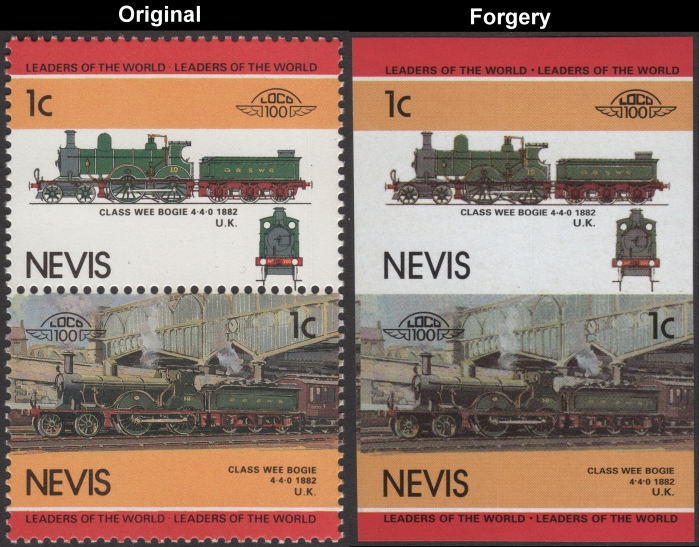 Nevis 1985 Locomotives Class Wee Bogie Fake with Original 1c Stamp Comparison