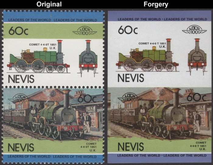 Nevis 1985 Locomotives Comet Fake with Original 60c Stamp Comparison