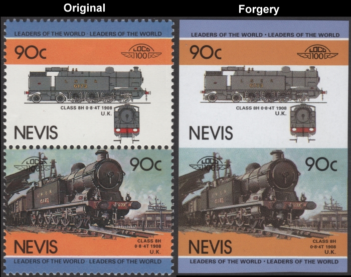 Nevis 1985 Locomotives Class 8H Fake with Original 90c Stamp Comparison