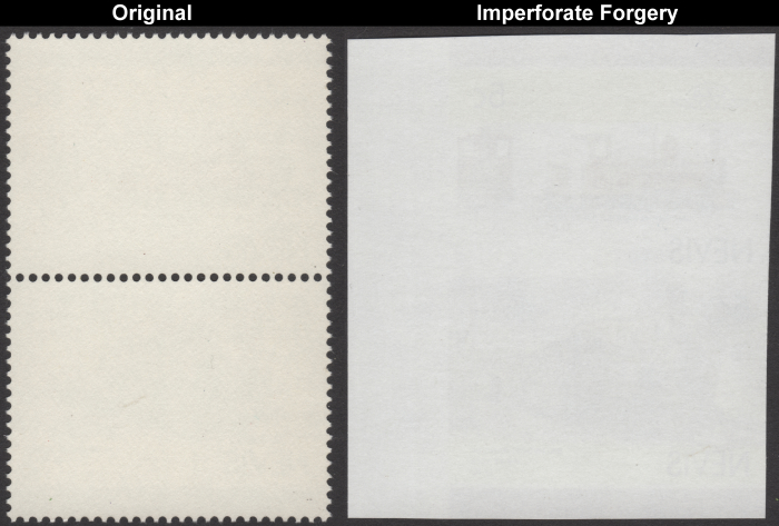 Nevis 1985 Locomotives Forgery and Original Gum Comparison of Full Stamps