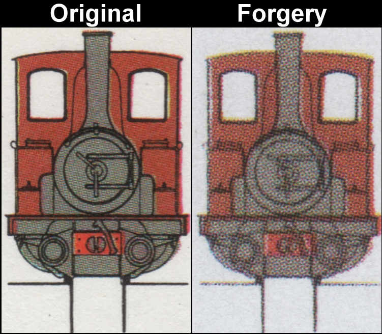 Nevis 1985 Locomotives 5c Fake with Original Comparison of the Engine Front on the Detail Drawing
