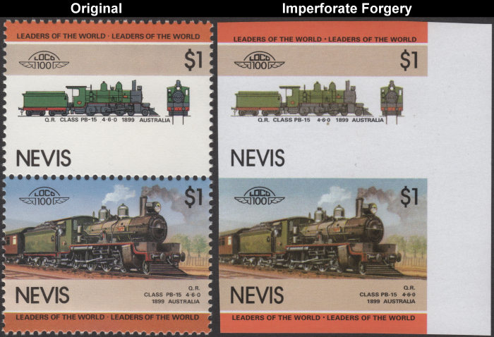 Nevis 1985 Locomotives Q.R. Class PB-15 Fake with Original $1 Stamp Comparison