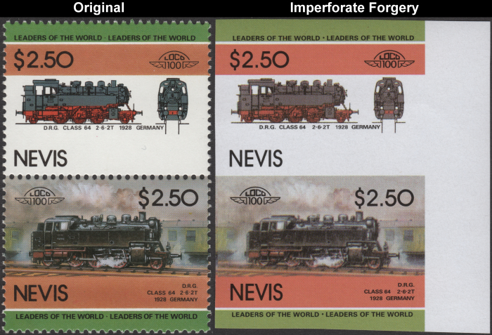 Nevis 1985 Locomotives D.R.G. Class 64 Fake with Original $2.50 Stamp Comparison