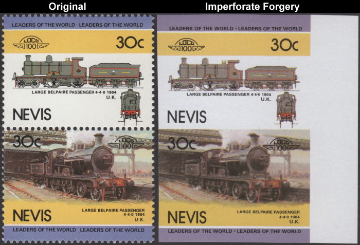 Nevis 1985 Locomotives Large Belpaire Passenger Fake with Original 30c Stamp Comparison