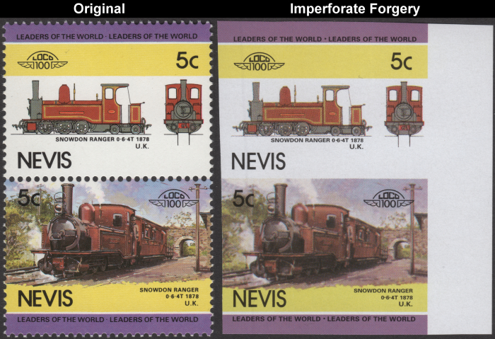 Nevis 1985 Locomotives Snowdon Ranger Fake with Original 5c Stamp Comparison