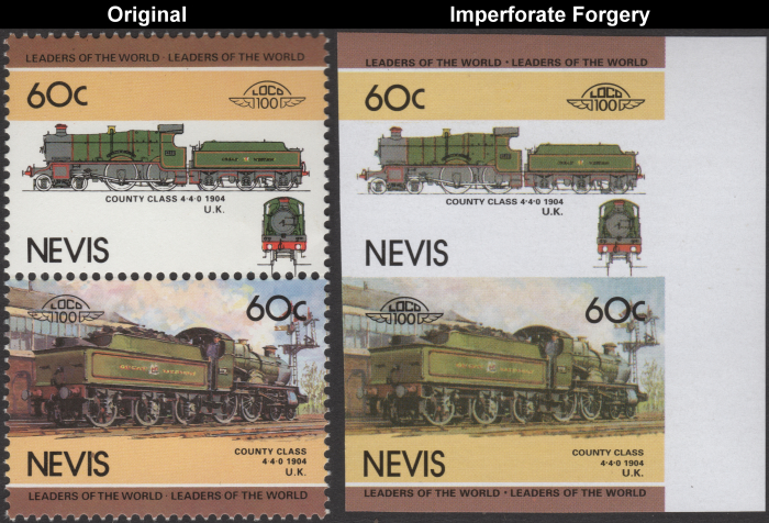 Nevis 1985 Locomotives County Class Fake with Original 60c Stamp Comparison