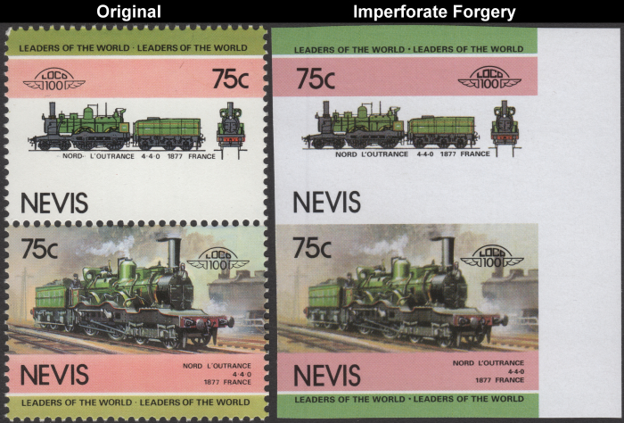 Nevis 1985 Locomotives Nord L'Outrance Fake with Original 75c Stamp Comparison