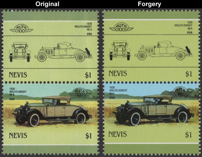 Nevis 1986 Automobiles Willys-Knight Fake with Original $1.00 Stamp Comparison
