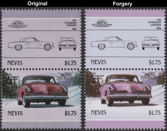 Nevis 1986 Automobiles Studebaker Fake with Original $1.75 Stamp Comparison