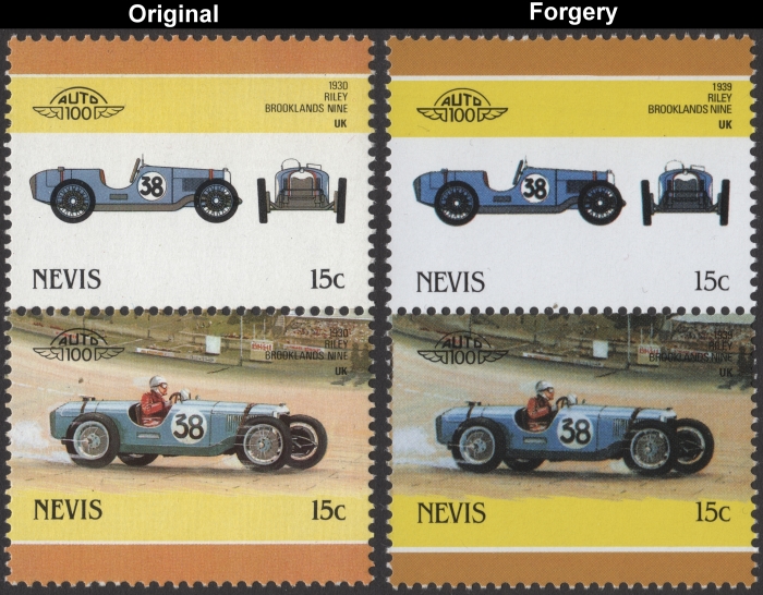 Nevis 1986 Automobiles Riley Fake with Original 15c Stamp Comparison
