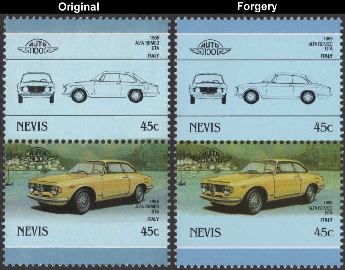 Nevis 1986 Automobiles Alfa Romeo Fake with Original 45c Stamp Comparison