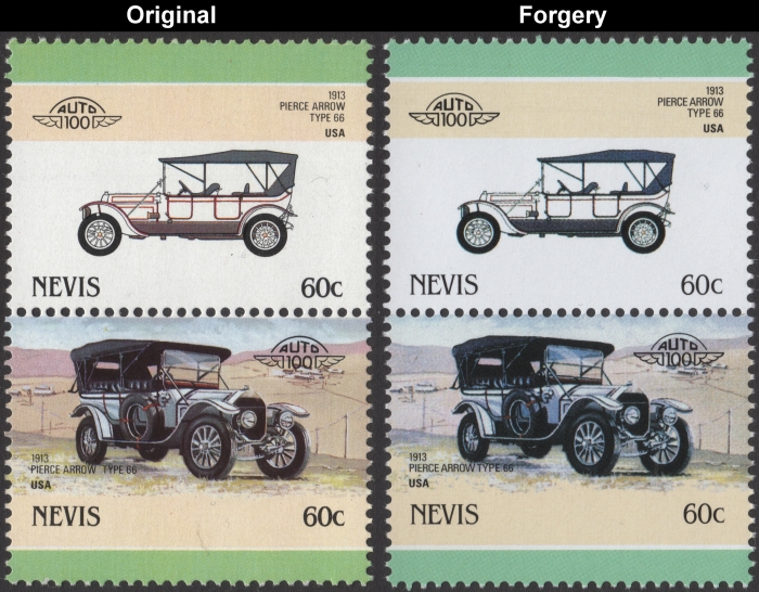 Nevis 1986 Automobiles Pierce Arrow Fake with Original 60c Stamp Comparison