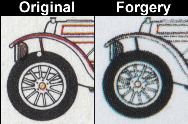Nevis 1986 Automobiles 60c Fake with Original Comparison of the Wheel on the Detail Drawing