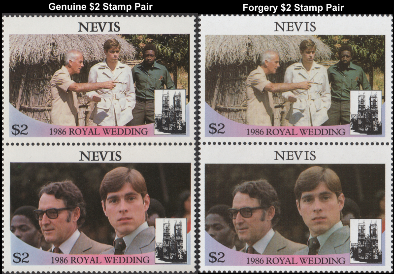 Nevis 1986 Royal Wedding Fake with Original $2 Stamp Pair Comparison