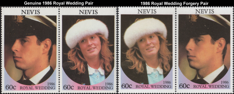 Nevis 1986 Royal Wedding Fake with Original 60c Stamp Pair Comparison
