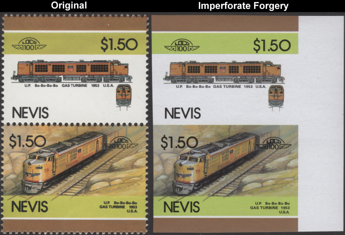 Nevis 1986 Locomotives Gas Turbine Fake with Original $1.50 Stamp Comparison