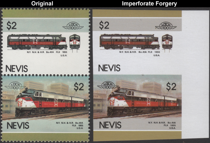 Nevis 1986 Locomotives FL9 Fake with Original $2 Stamp Comparison
