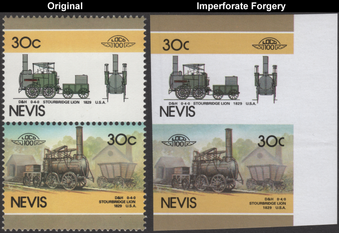 Nevis 1986 Locomotives Stourbridge Lion Fake with Original 30c Stamp Comparison
