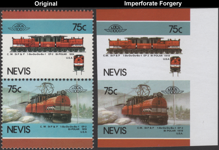 Nevis 1986 Locomotives Bi-Polar Fake with Original 75c Stamp Comparison