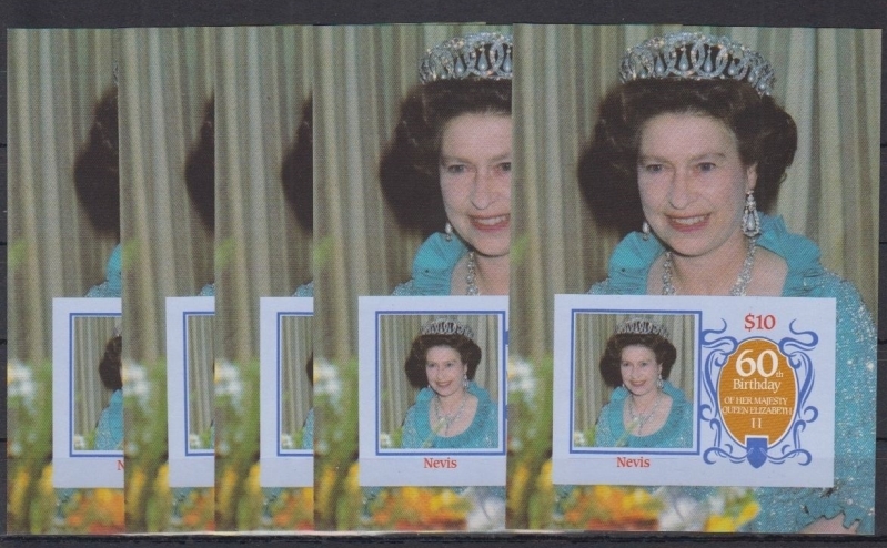 Nevis 1986 60th Birthday of Queen Elizabeth II Fake Imperforate Souvenir Sheets