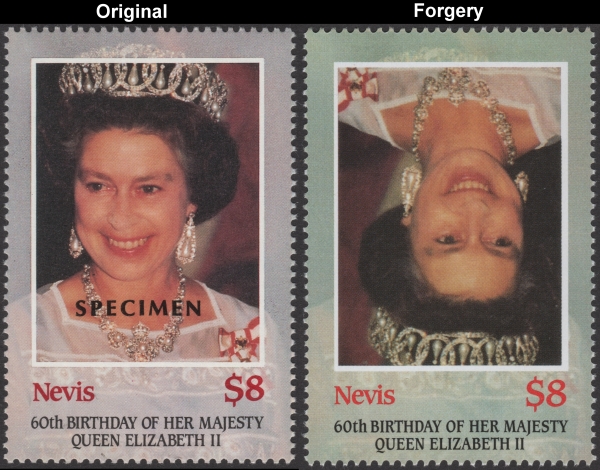 Nevis 1986 60th Birthday of Queen Elizabeth Fake invert with Original $8 Stamp Comparison