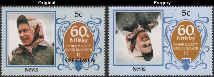 Nevis 1986 60th Birthday of Queen Elizabeth Fake invert with Original 5c Stamp Comparison