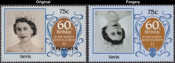 Nevis 1986 60th Birthday of Queen Elizabeth Fake invert with Original 75c Stamp Comparison